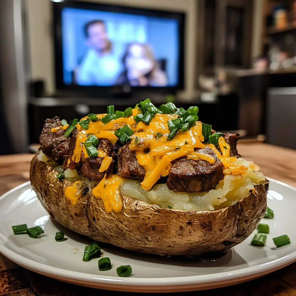 A plate of food with a potato and meat on it.