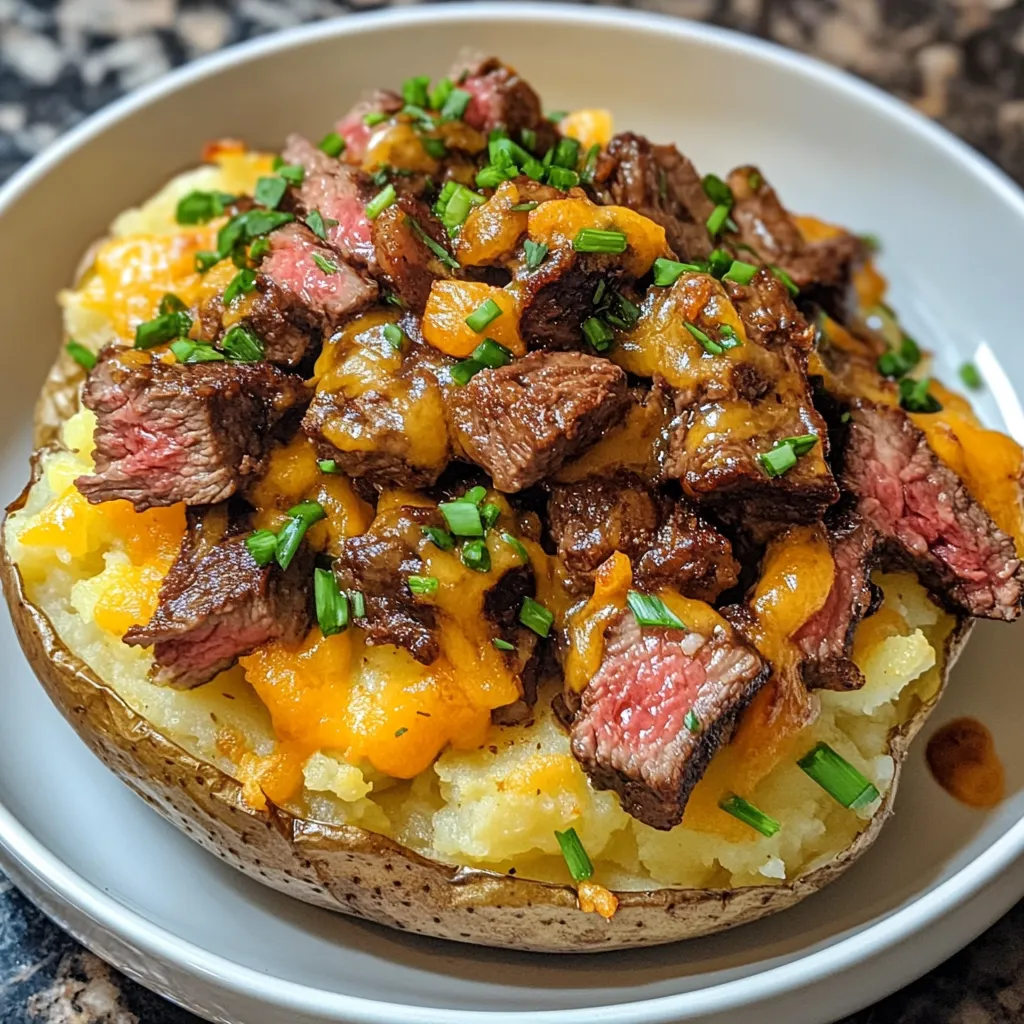 A plate of food with a potato and meat on it.