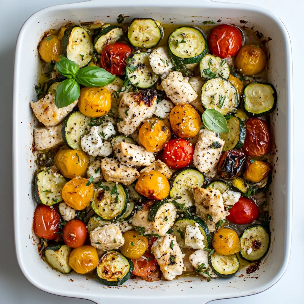 A dish of chicken and vegetables.