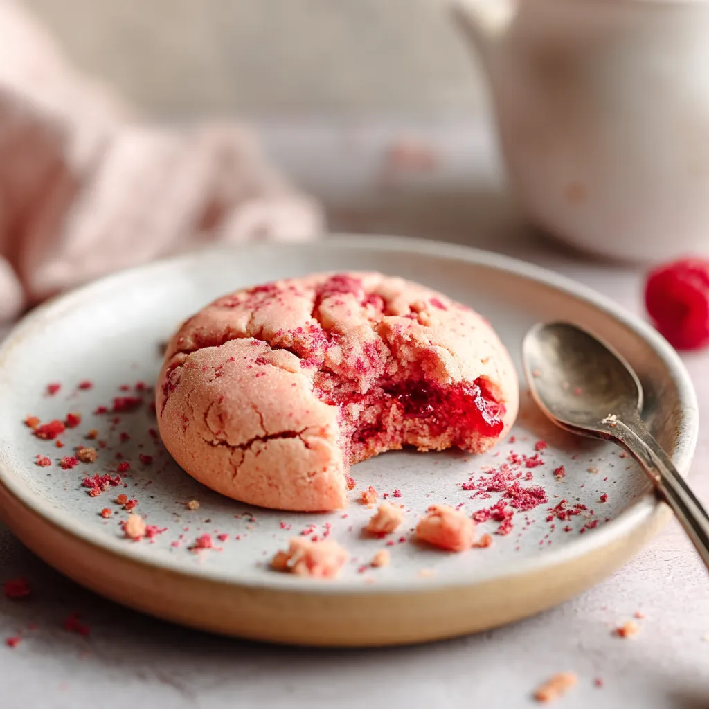 A half eaten cookie with red jelly.