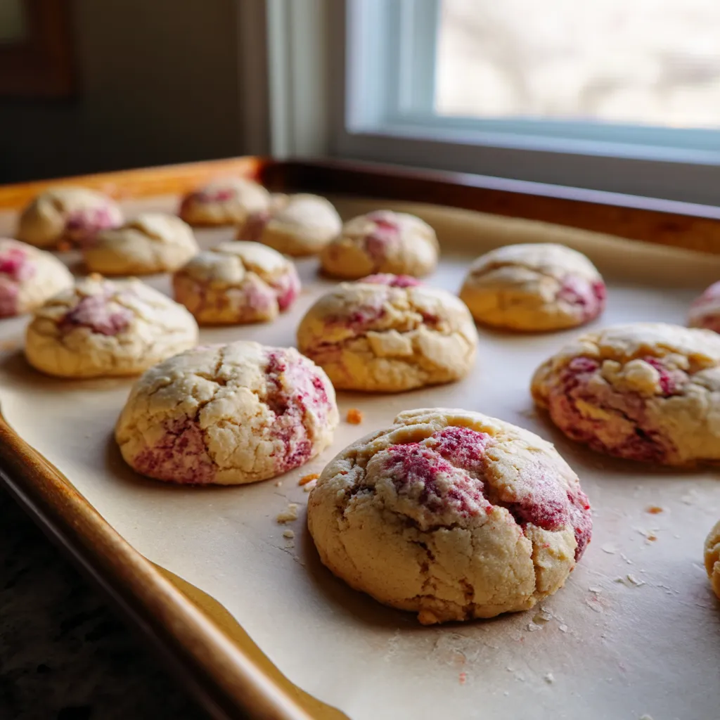 A tray of cookies with red frosting.