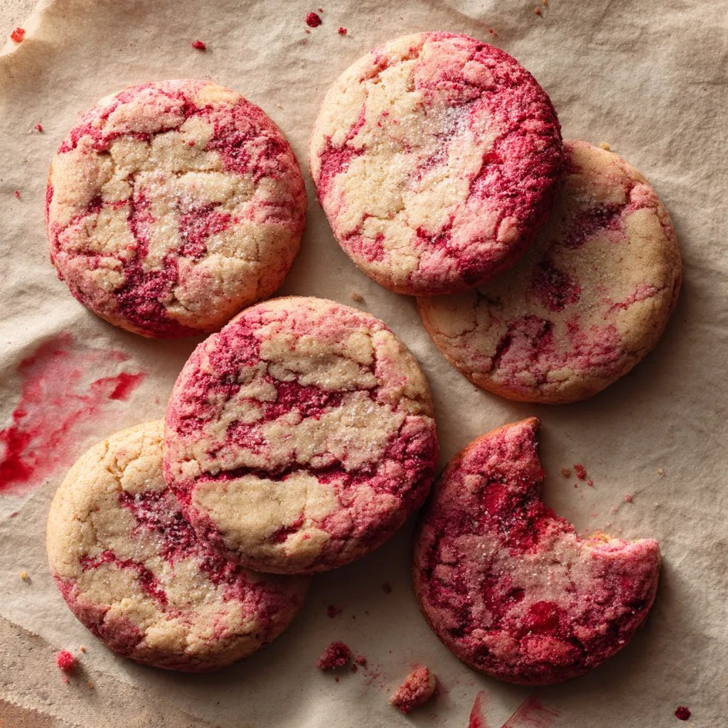 A pile of cookies with red icing.