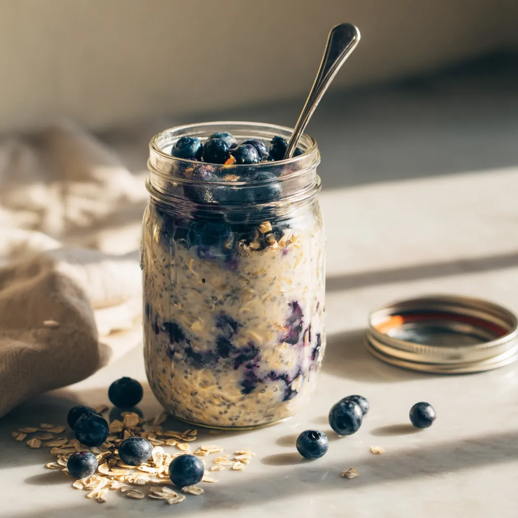 A jar of blueberries with a spoon in it.