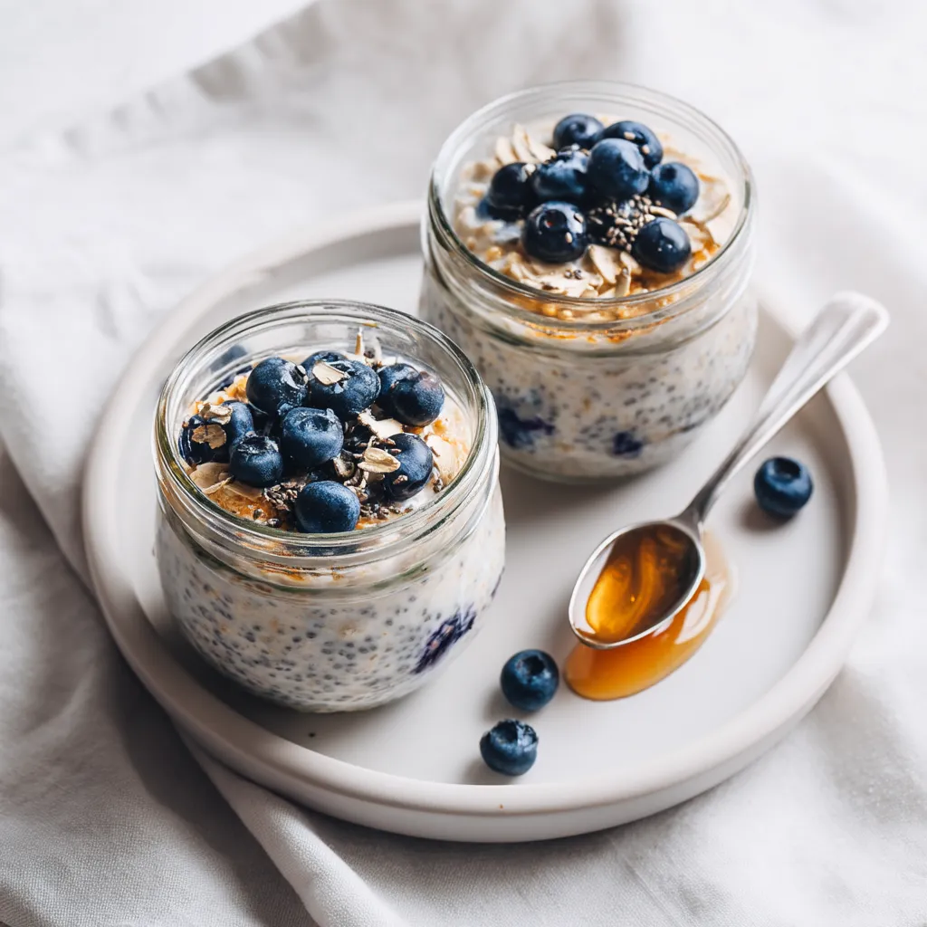 Two jars of yogurt with blueberries.