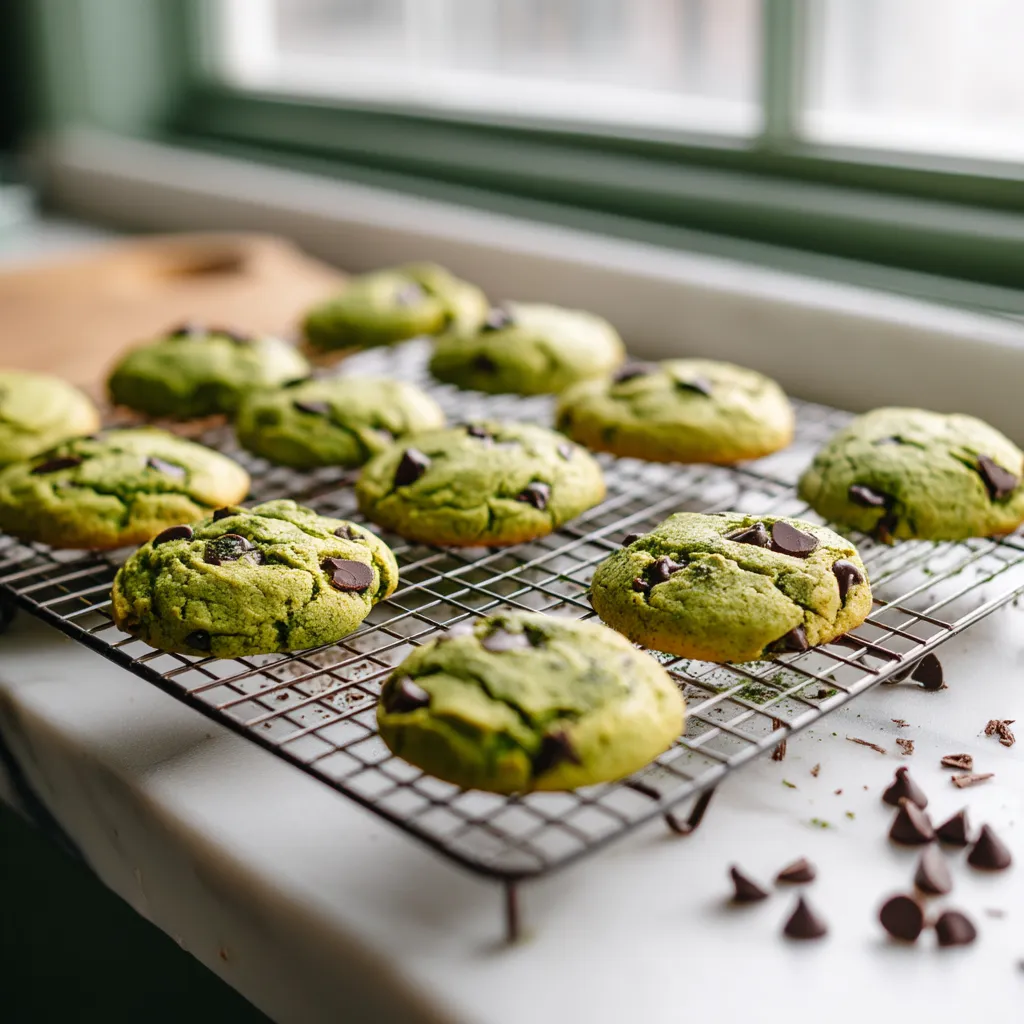 A tray of green cookies with chocolate chips.