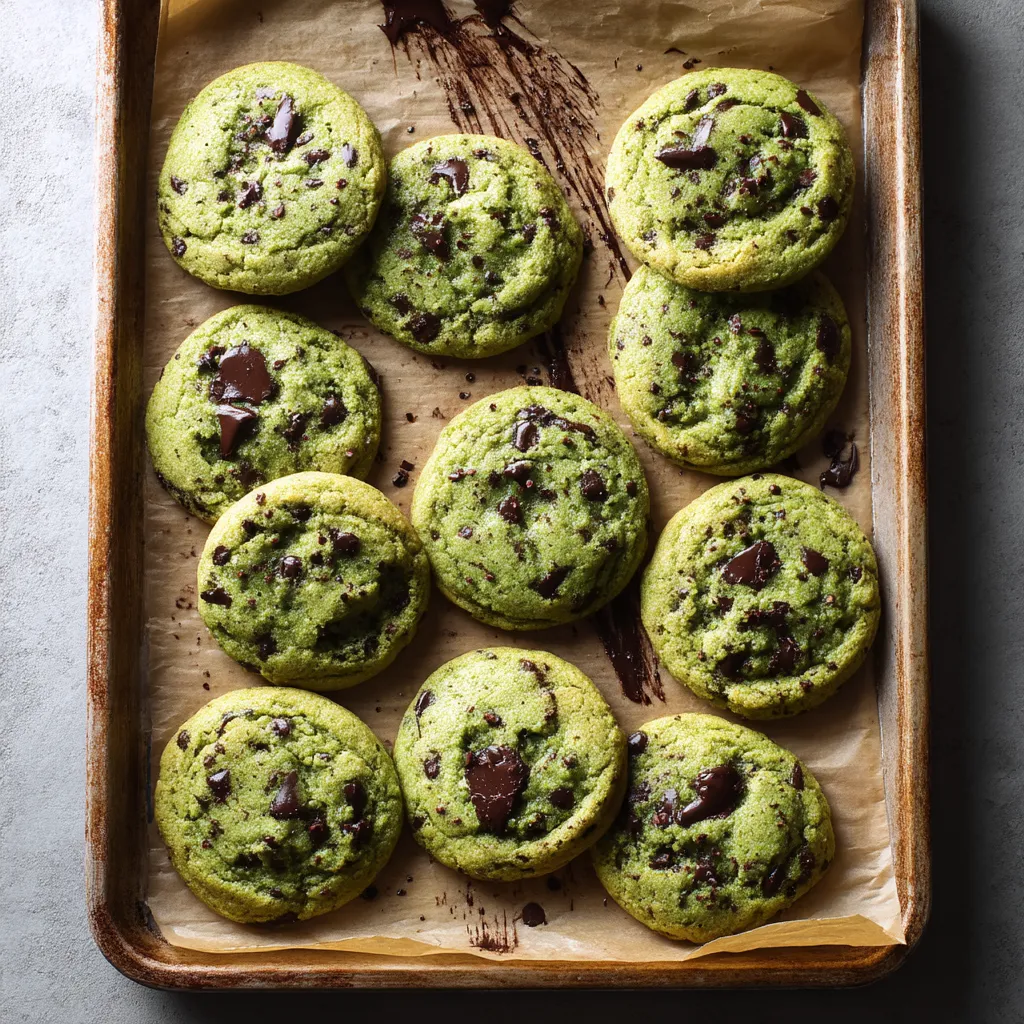 A tray of green cookies with chocolate drizzle.