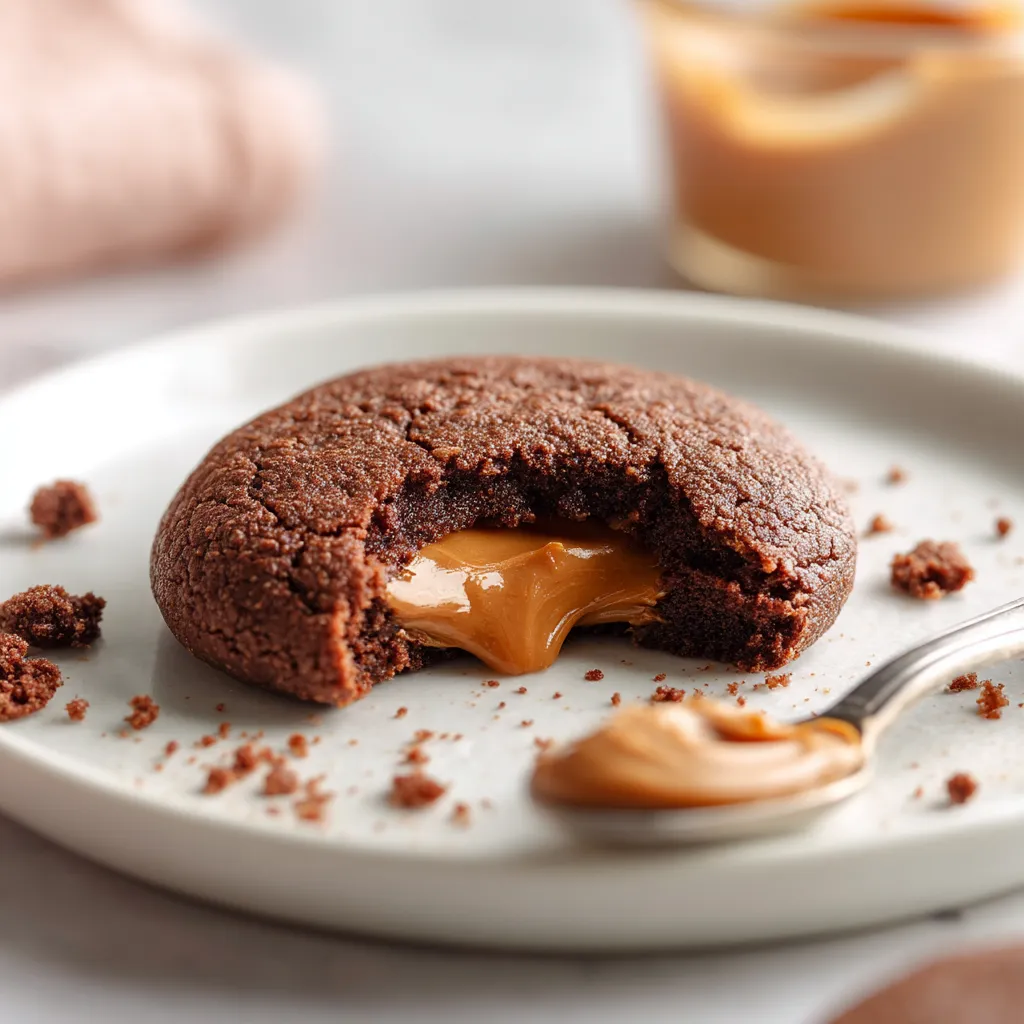 A chocolate chip cookie with peanut butter in the middle.