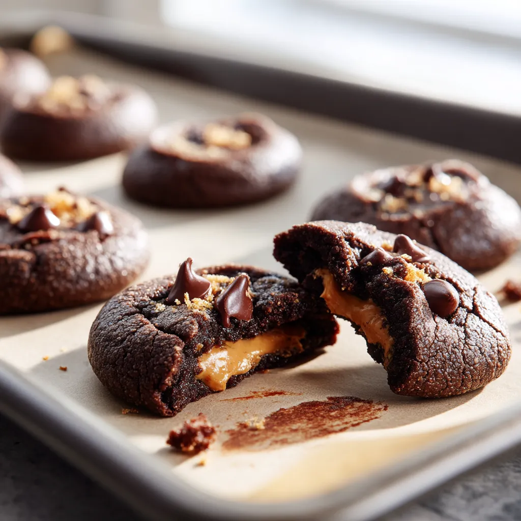 A pan of chocolate chip cookies with peanut butter filling.