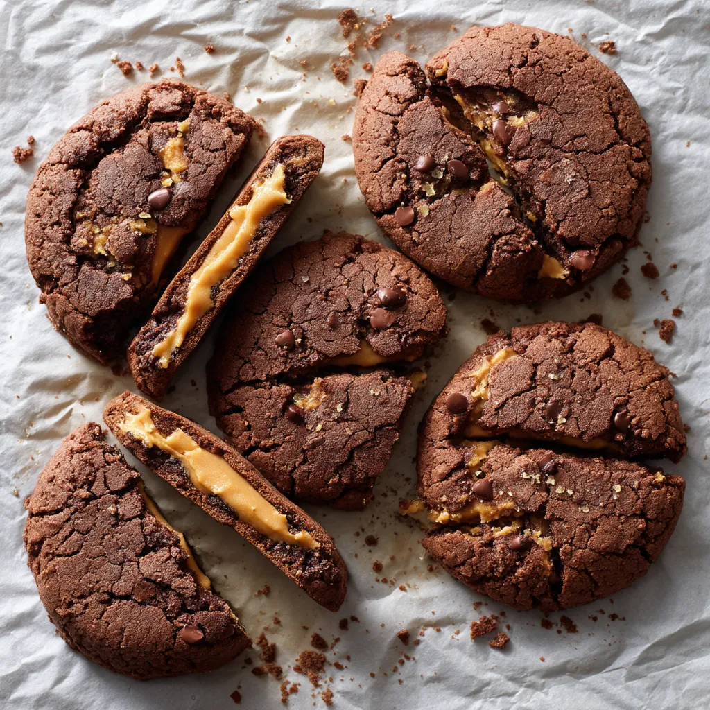 Four chocolate chip cookies on a table.
