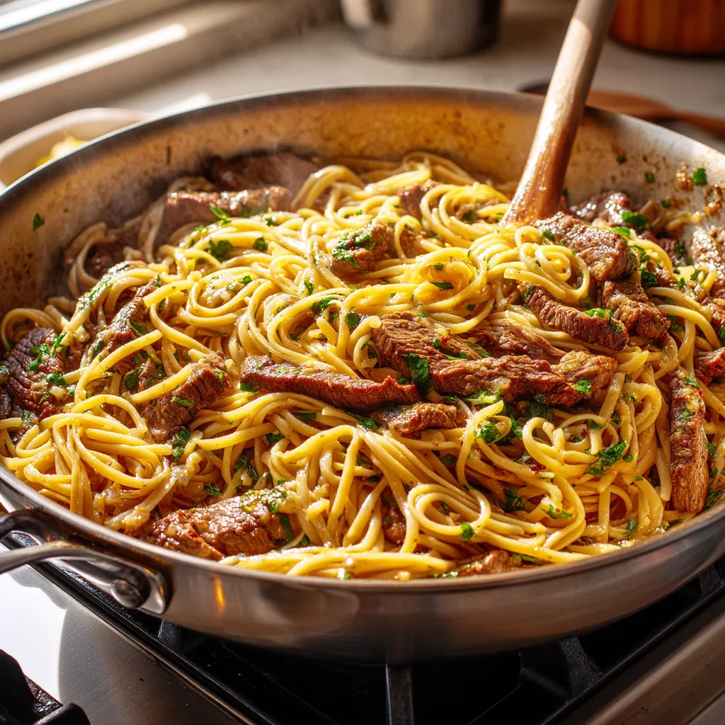 A pan of spaghetti with meat and vegetables.