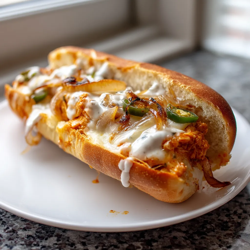 A sandwich with meat and cheese on a white plate.