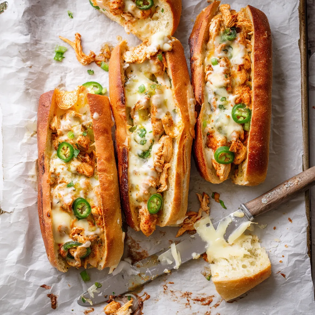 A tray of sandwiches with cheese and jalapenos.