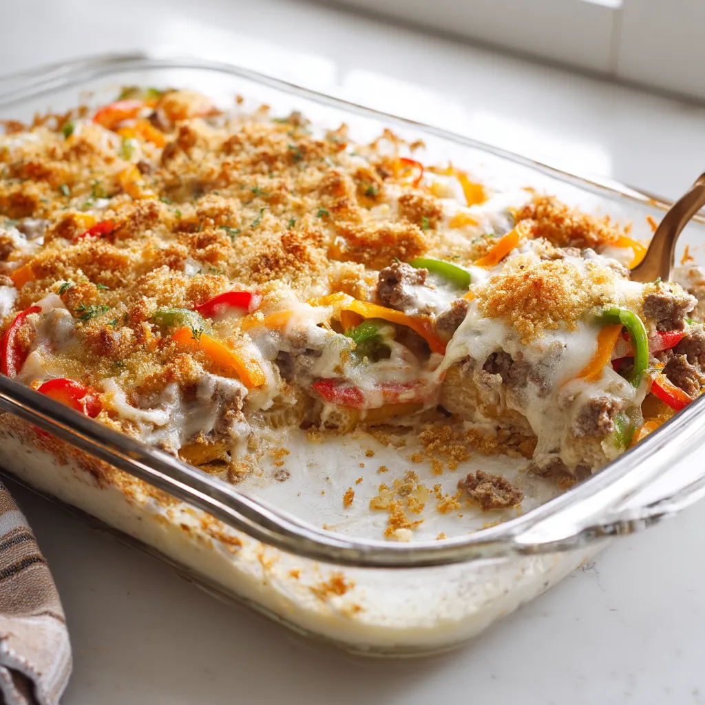 A casserole dish filled with meat and vegetables.