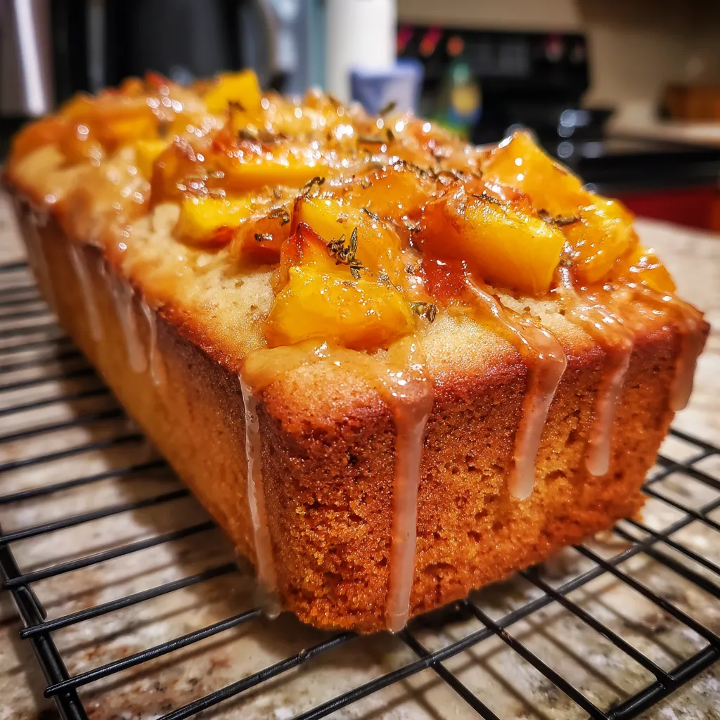 A loaf of bread with peaches on top.