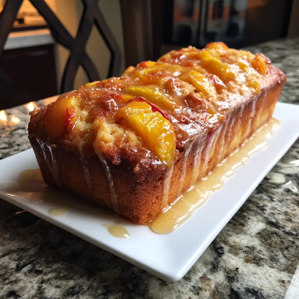 A loaf of bread with peaches on top.
