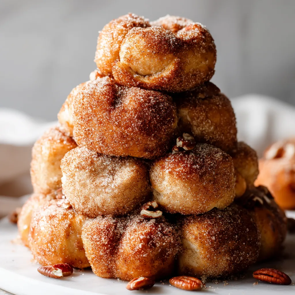 A stack of doughnuts with sugar and nuts.