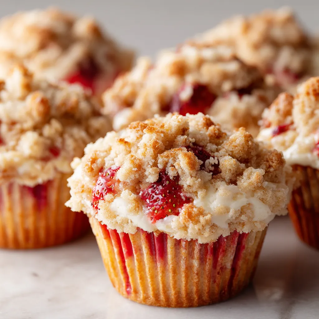 A close up of a muffin with strawberries and cream.