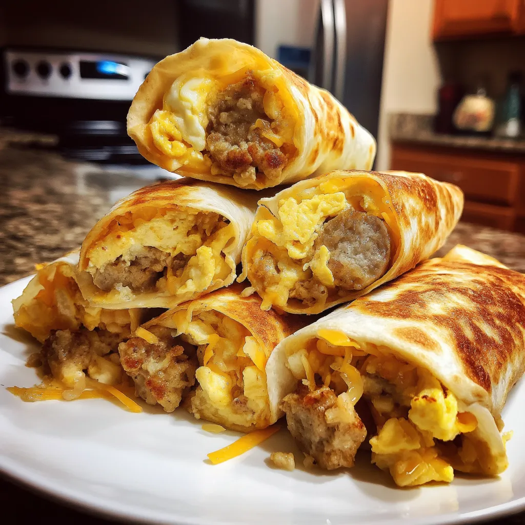 A stack of breakfast burritos on a plate.