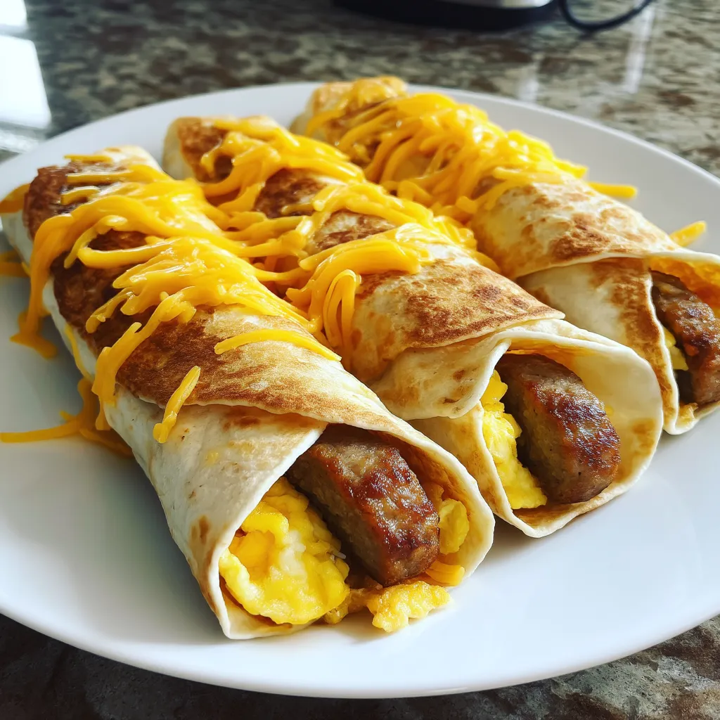 A plate of food with eggs and sausage wrapped in a tortilla.