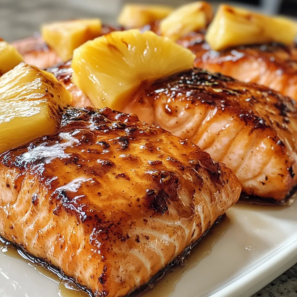 A plate of cooked salmon with pineapple on top.