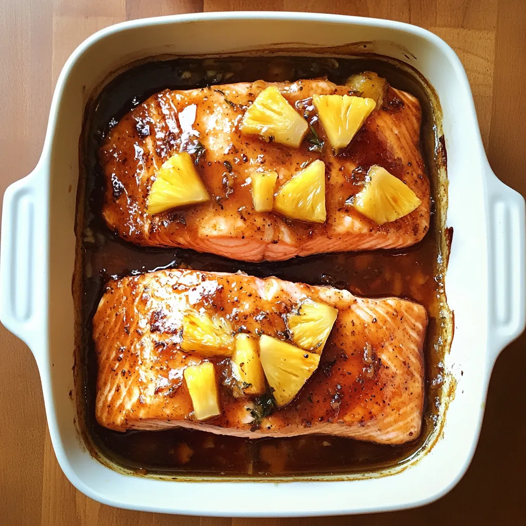 Two pieces of fish with pineapple on top.