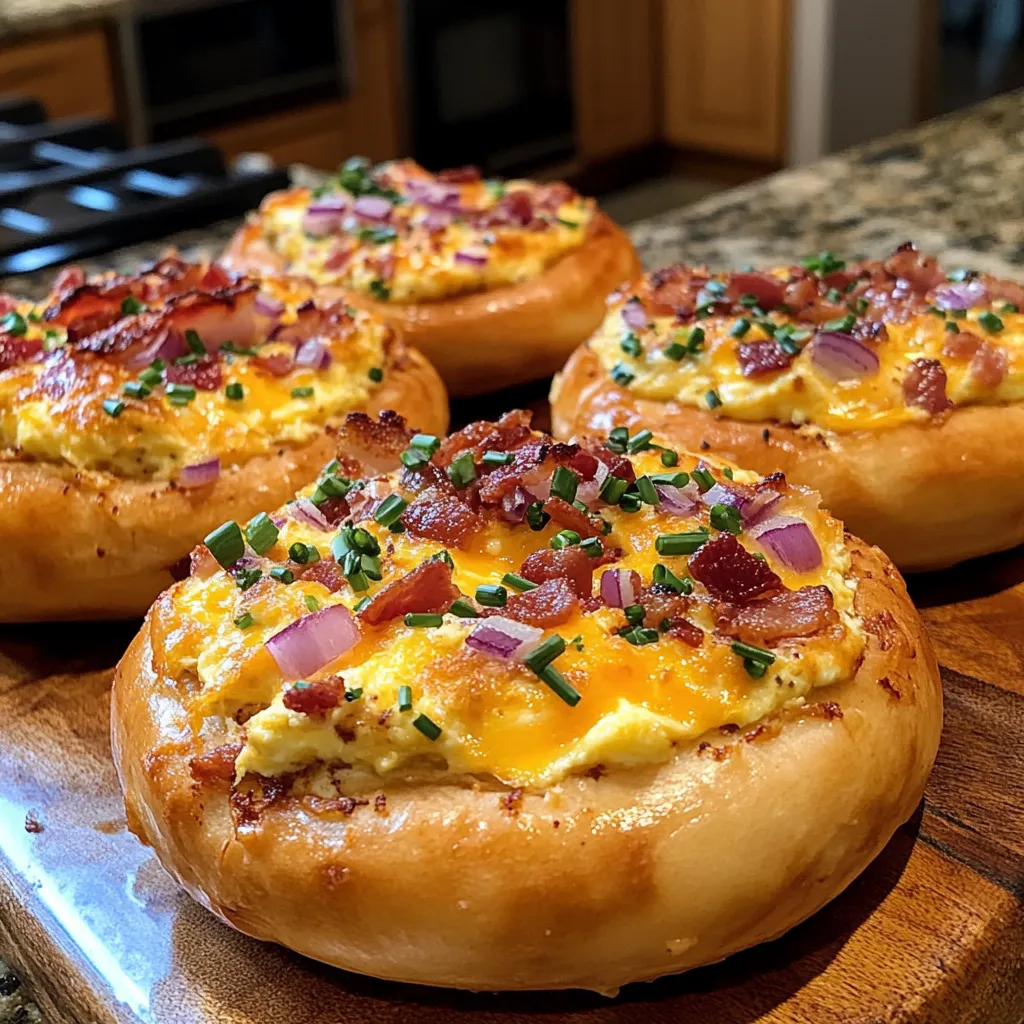 Four mini pizzas with bacon and cheese on a wooden cutting board.