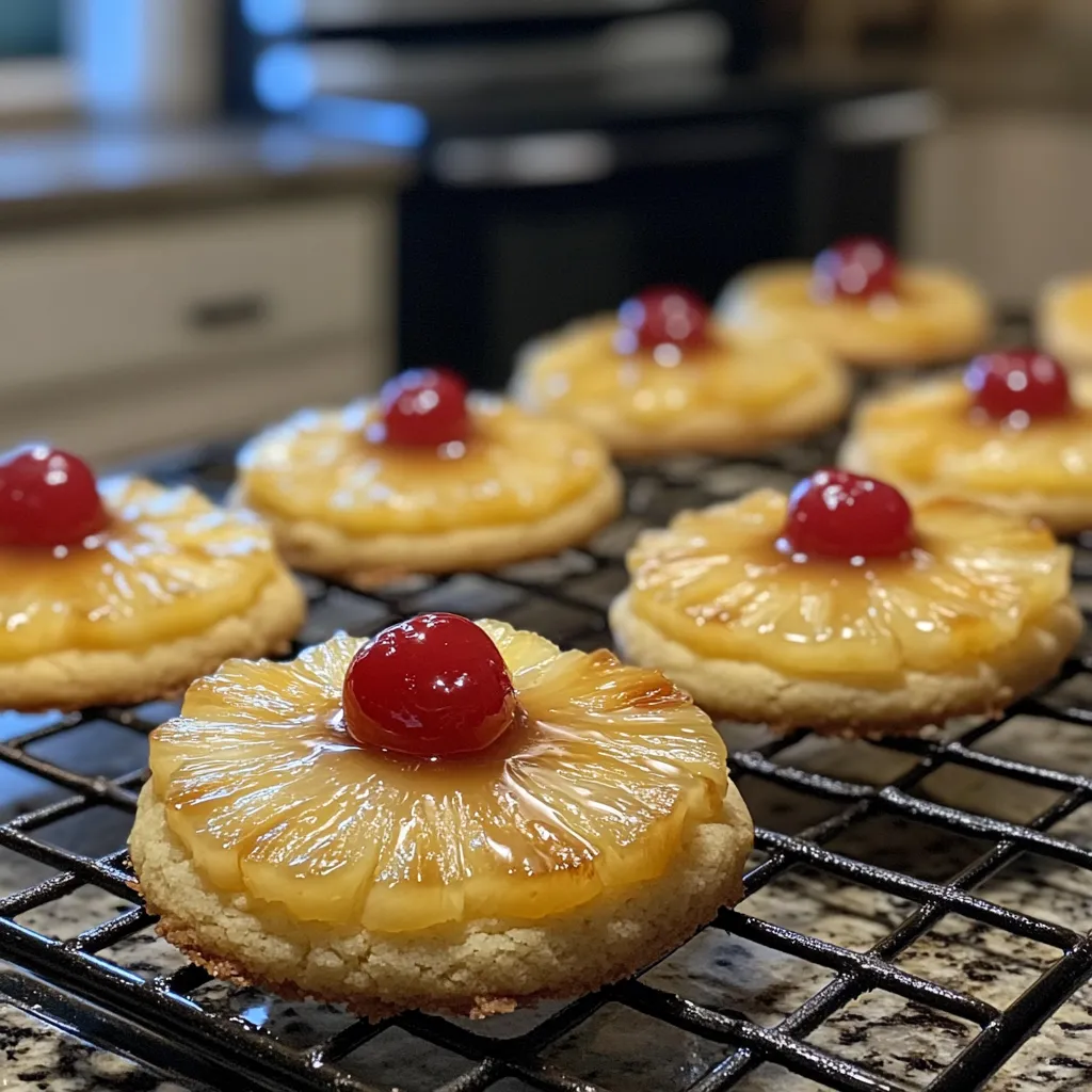 A tray of pineapple cookies with cherries on top.