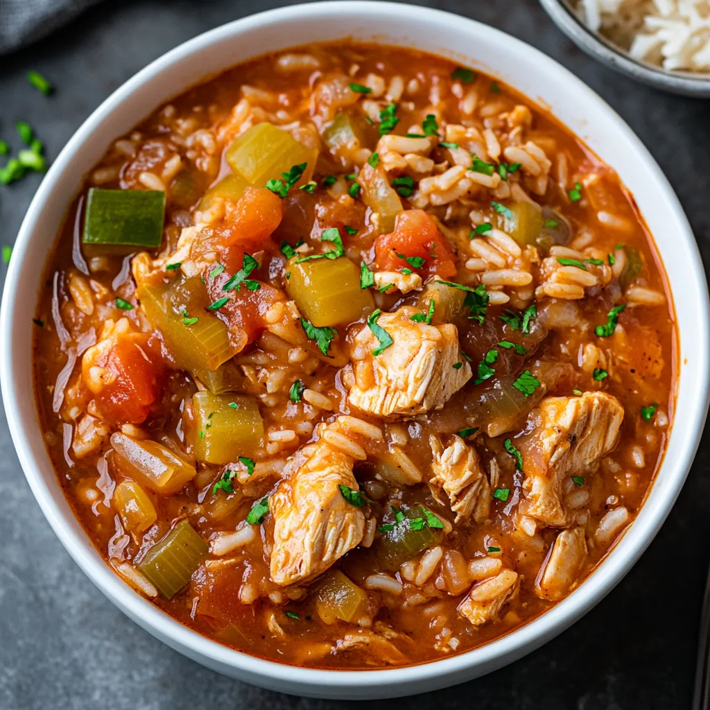 A bowl of soup with rice and chicken.