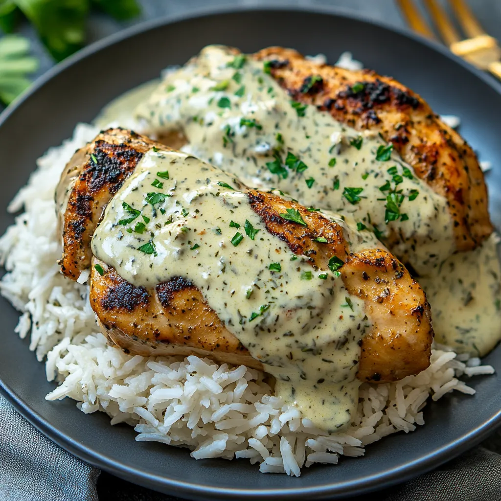 A plate of chicken with sauce on top.