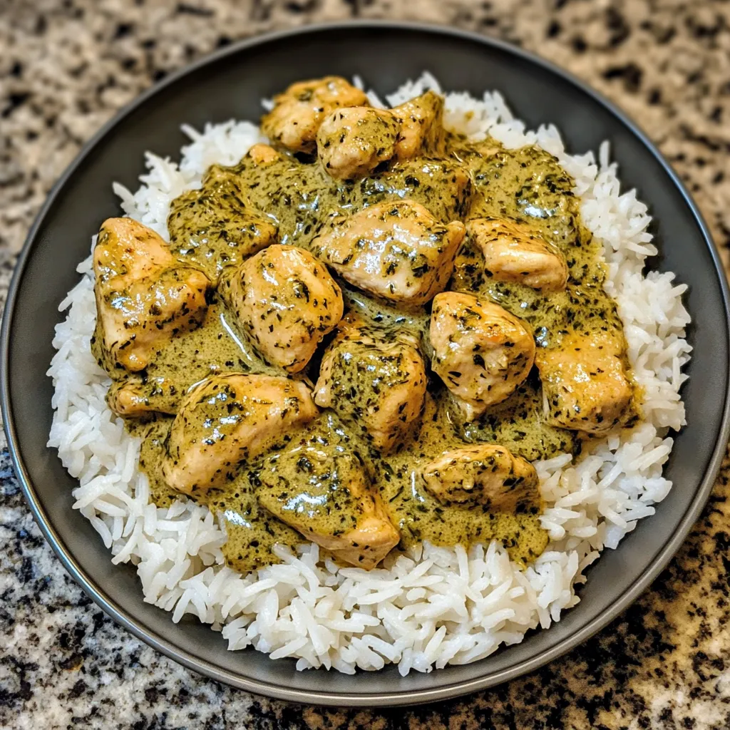 A plate of rice with chicken and sauce.