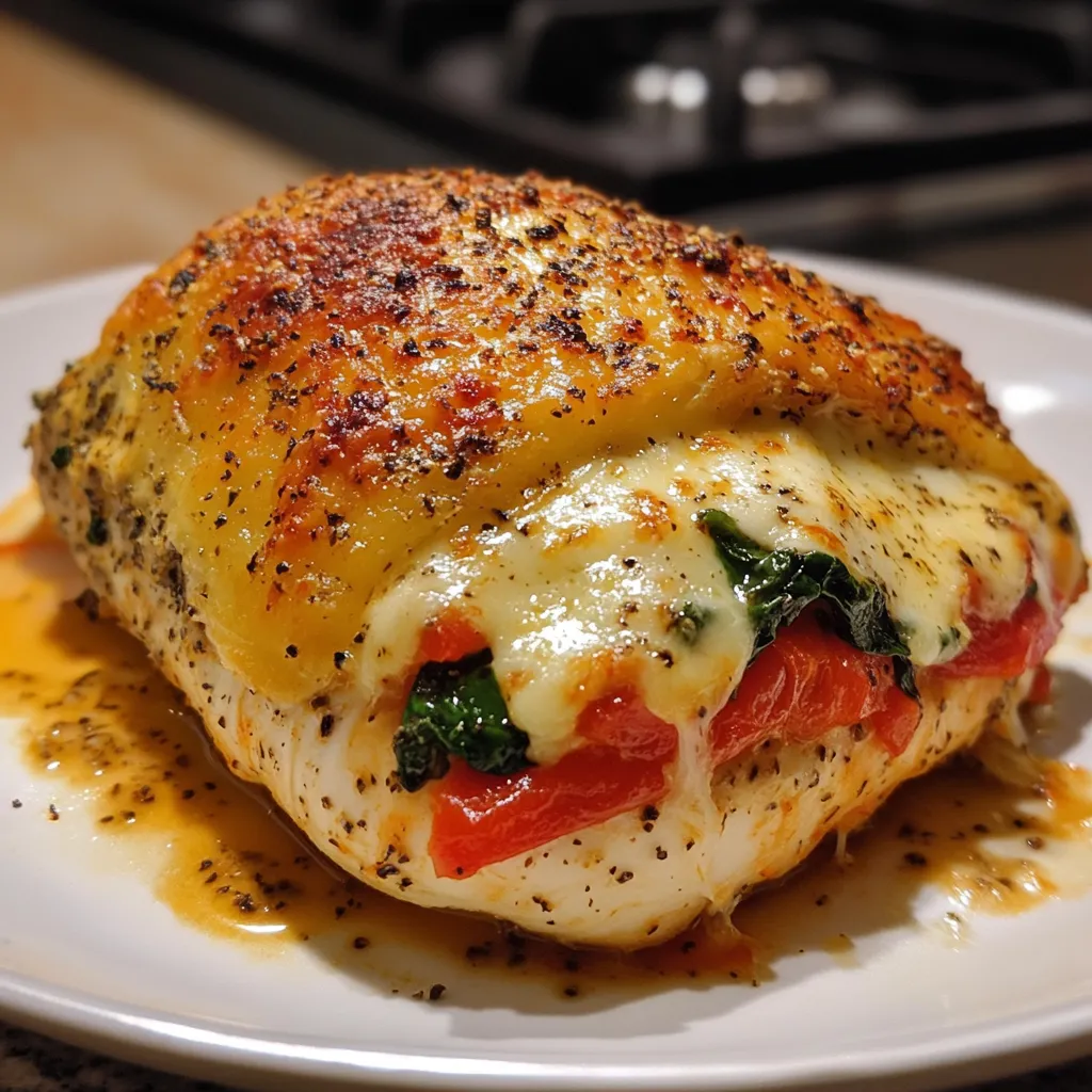 A piece of chicken with cheese and tomatoes on a plate.
