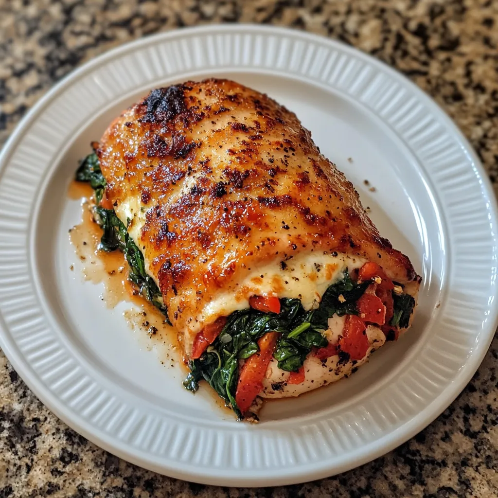 A chicken dish with greens and tomatoes.