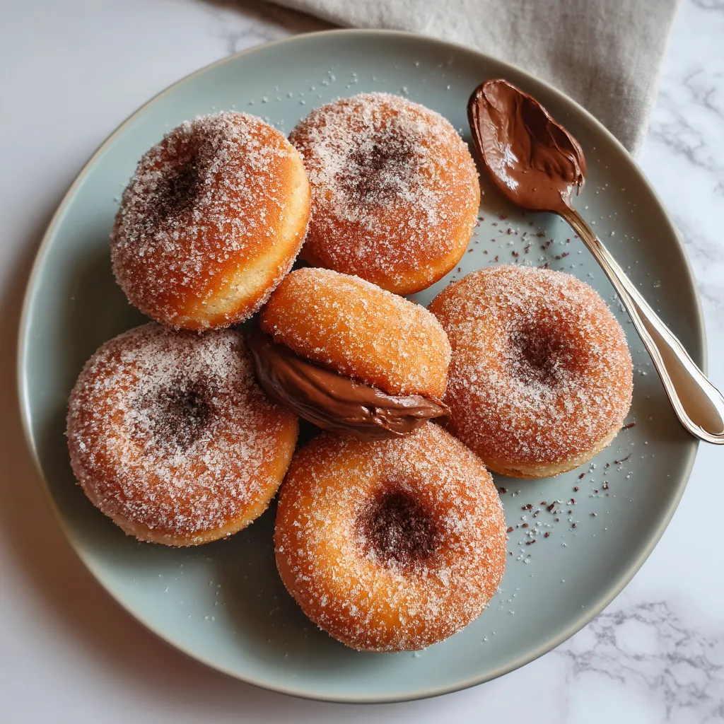 A plate of donuts with chocolate drizzled on top.