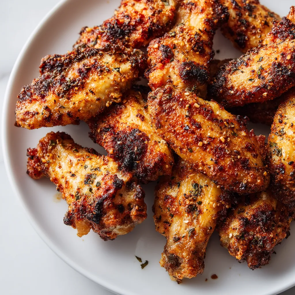 A plate of chicken wings with seasoning.