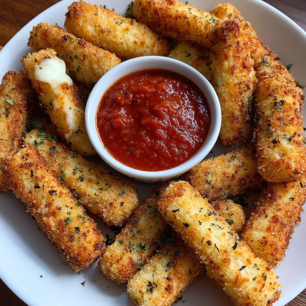 A plate of cheese sticks with a bowl of marinara sauce.
