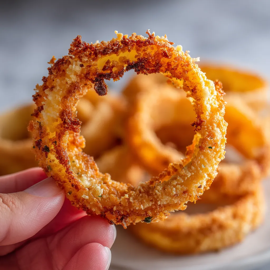 A person holding a piece of onion ring.