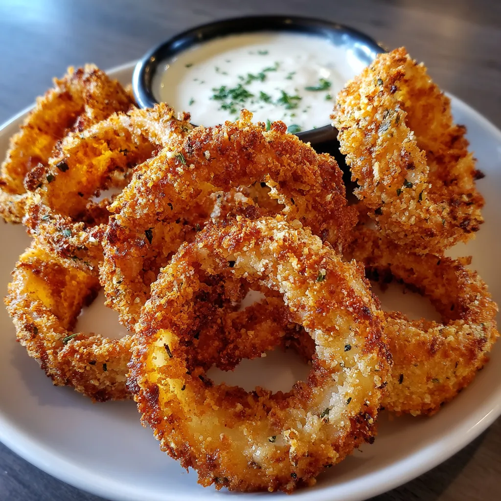 A plate of onion rings with a bowl of dipping sauce.