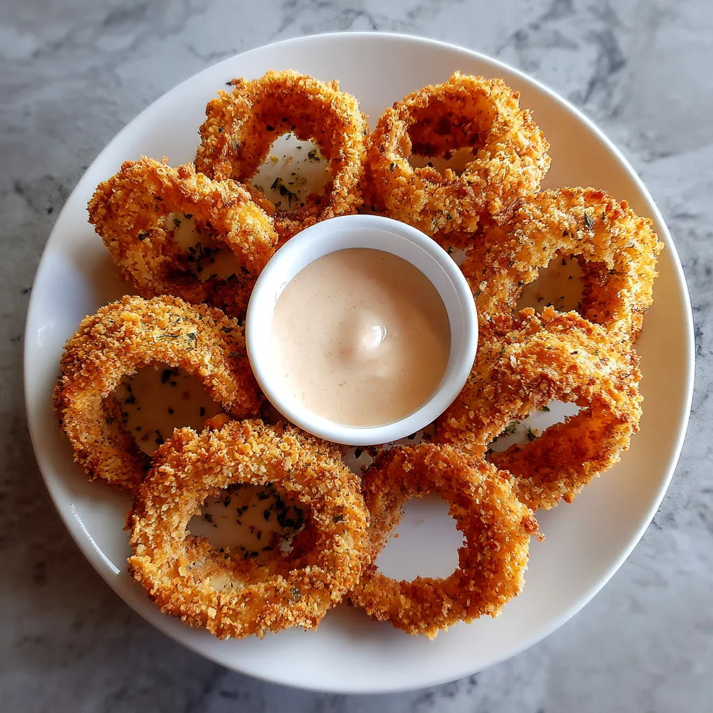 A plate of onion rings with a dipping sauce.