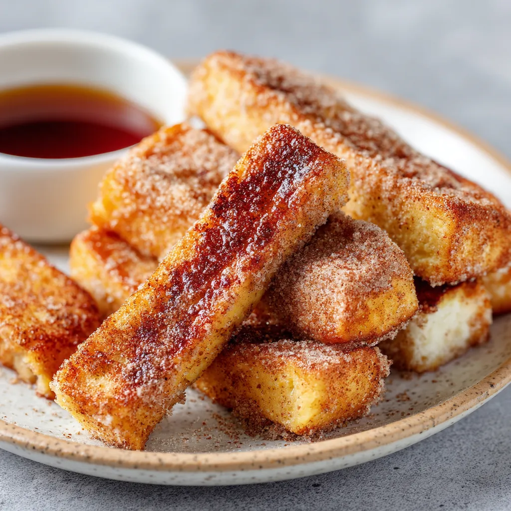 A plate of french toast with syrup.