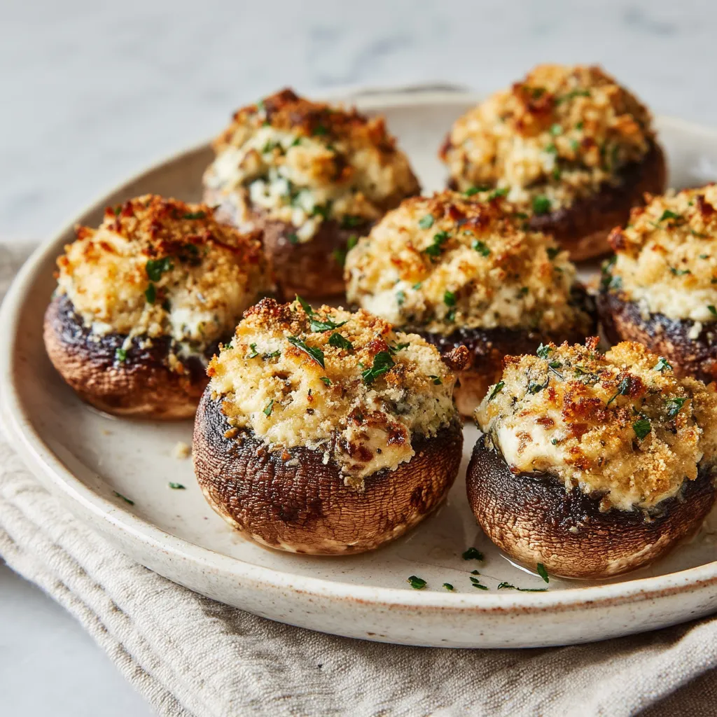A plate of mushrooms with cheese on top.