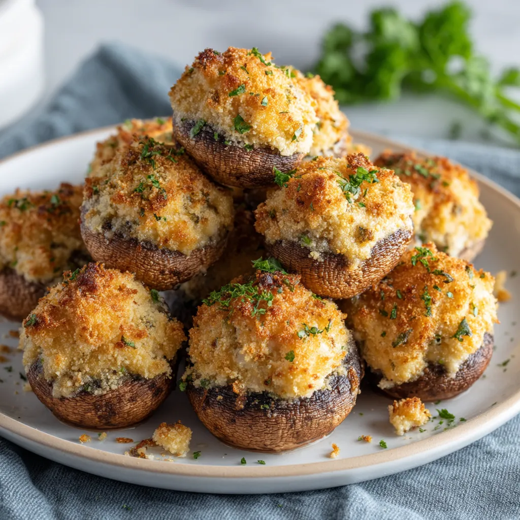 A plate of mushrooms with cheese on top.