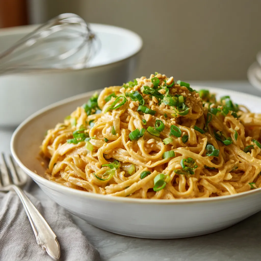 A bowl of noodles with green onions.