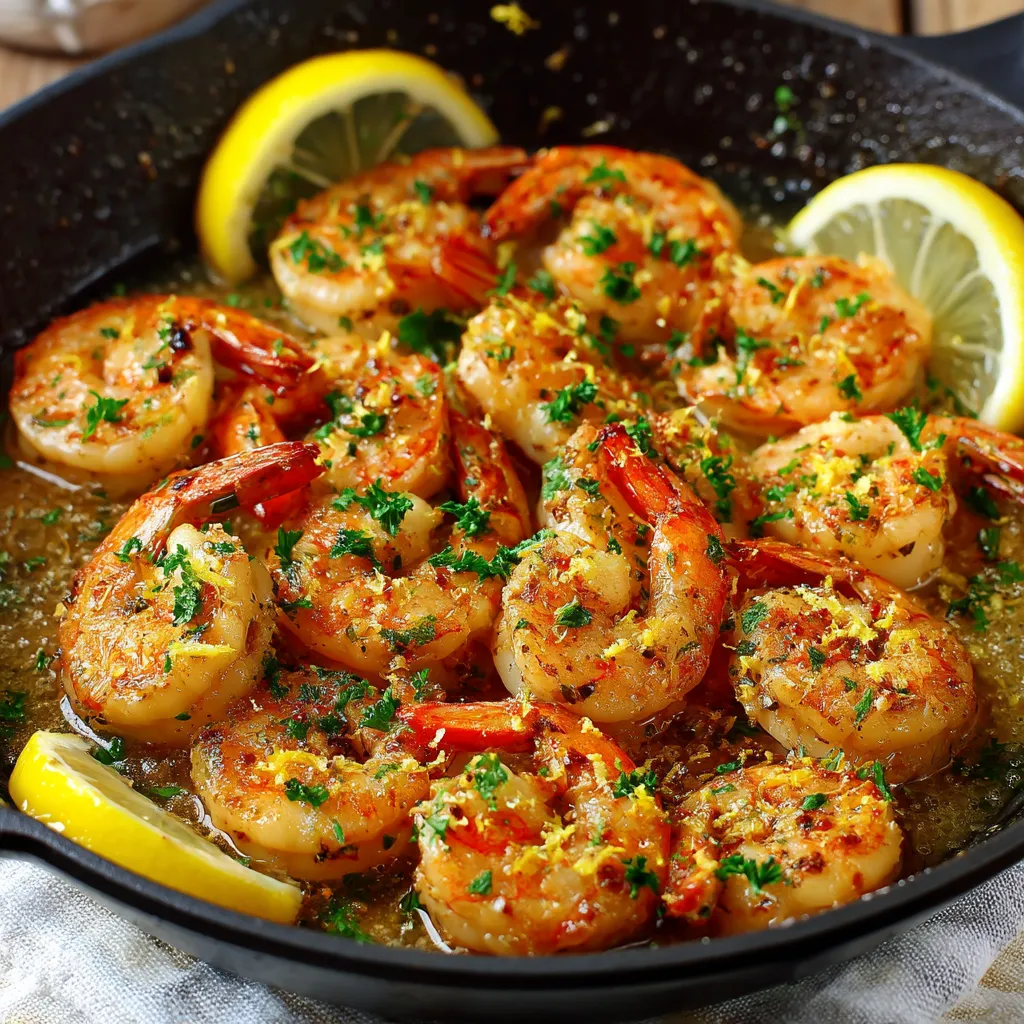 A pan of shrimp with lemon slices.