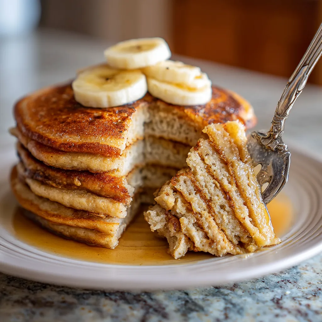 A stack of pancakes with bananas on top.
