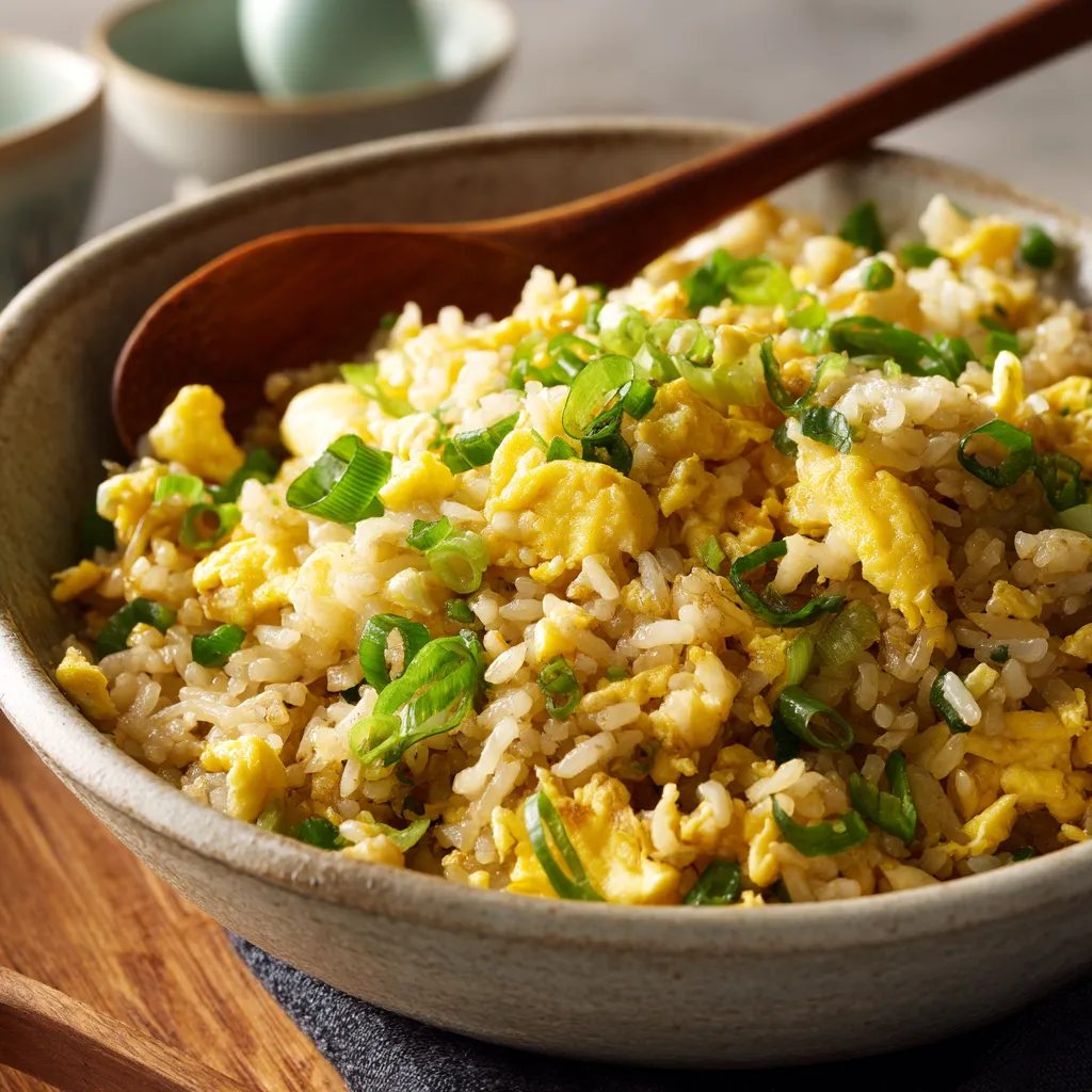 A bowl of rice with vegetables and eggs.
