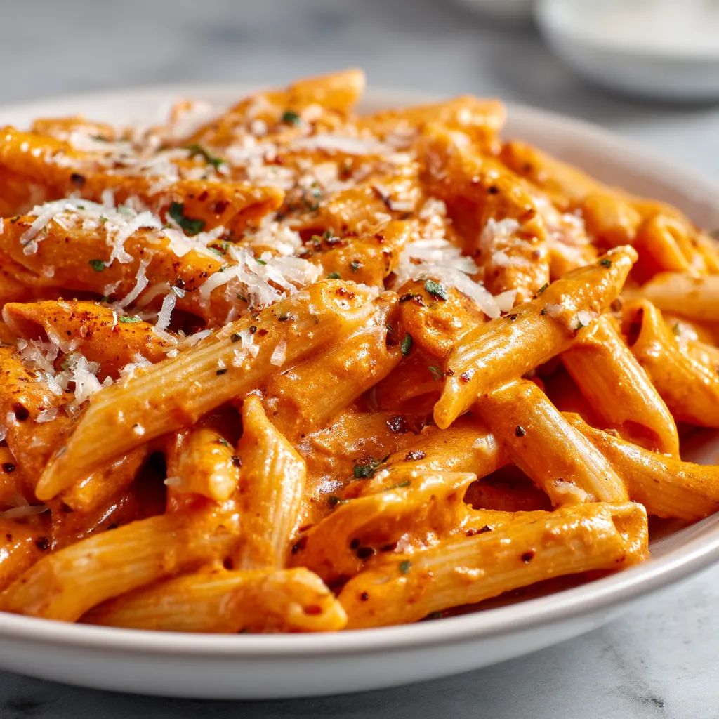 A plate of pasta with cheese and tomato sauce.