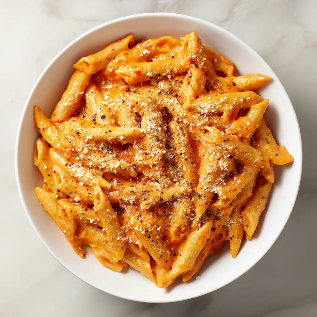 A bowl of pasta with red sauce.