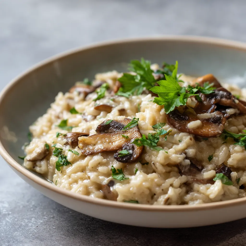 A bowl of rice with mushrooms and herbs.