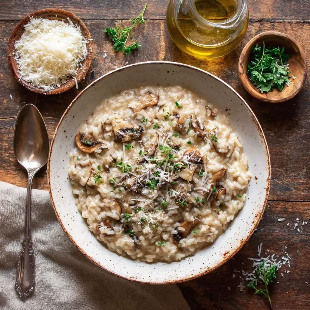 A bowl of soup with mushrooms and cheese.