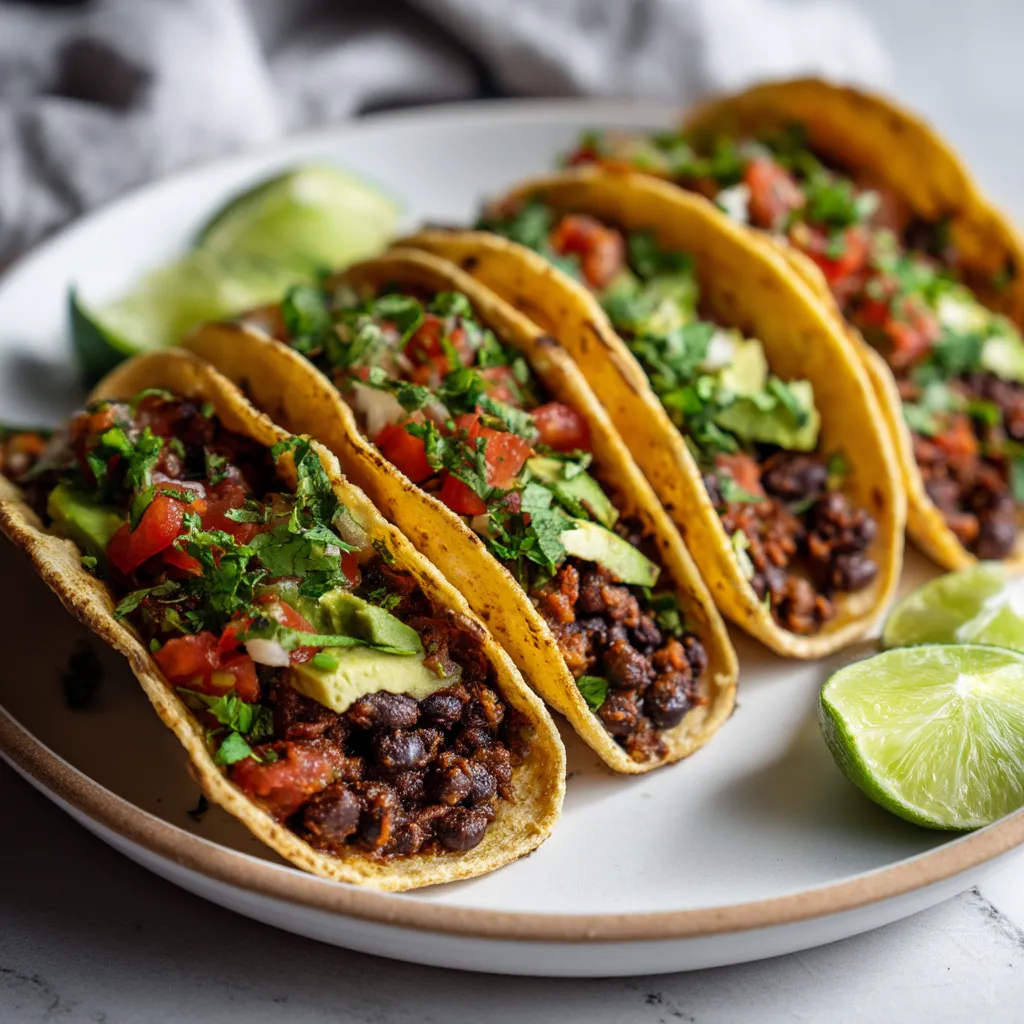 A plate of tacos with limes on the side.